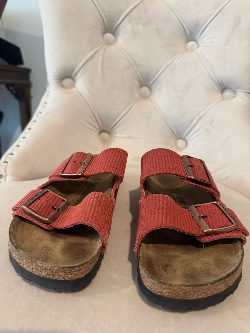 Birkenstock Arizona Crimson Corduroy Double Buckle Slide Sandals